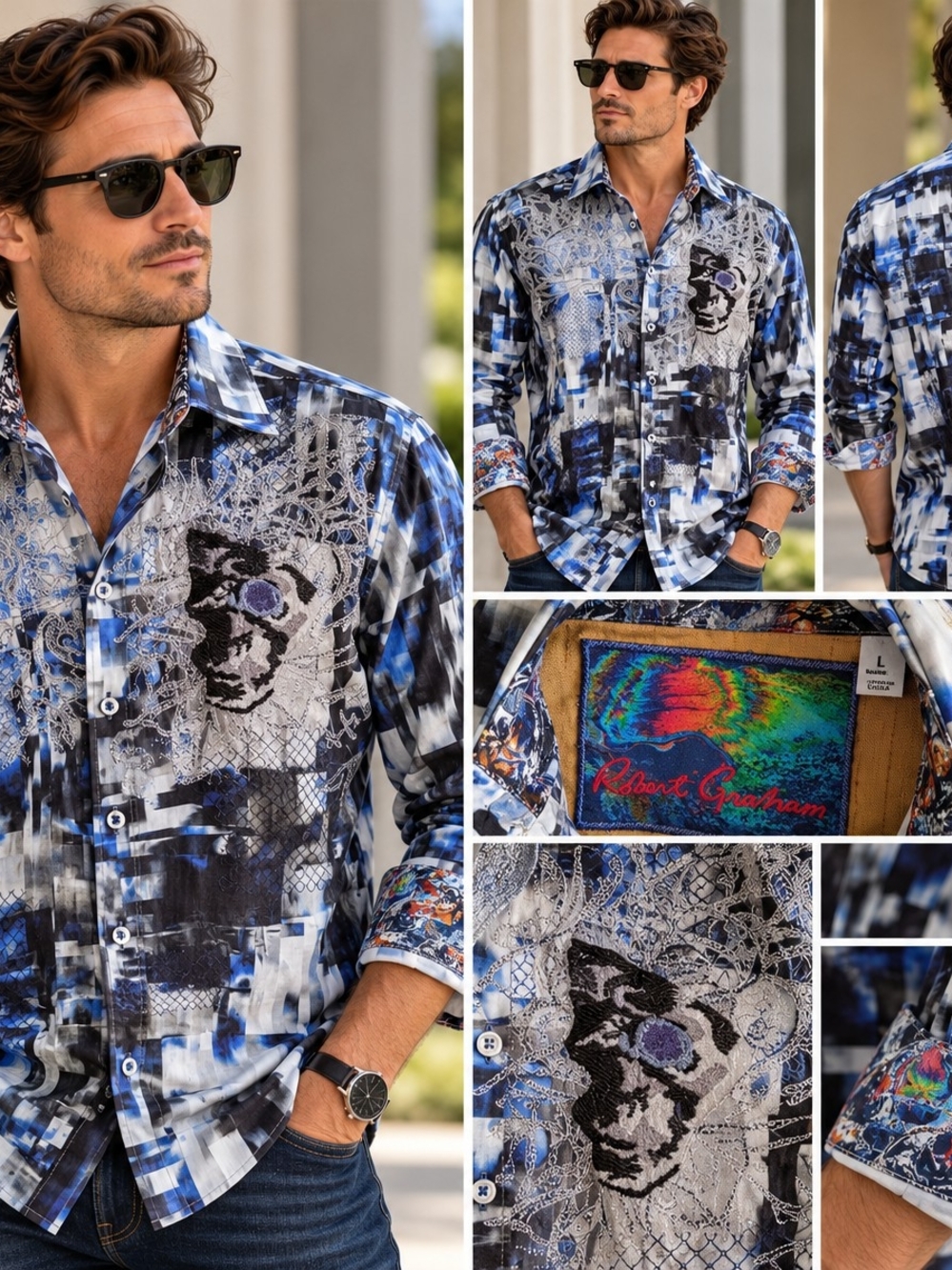 Robert Graham Men's Blue Graphic Print Button-Up Shirt